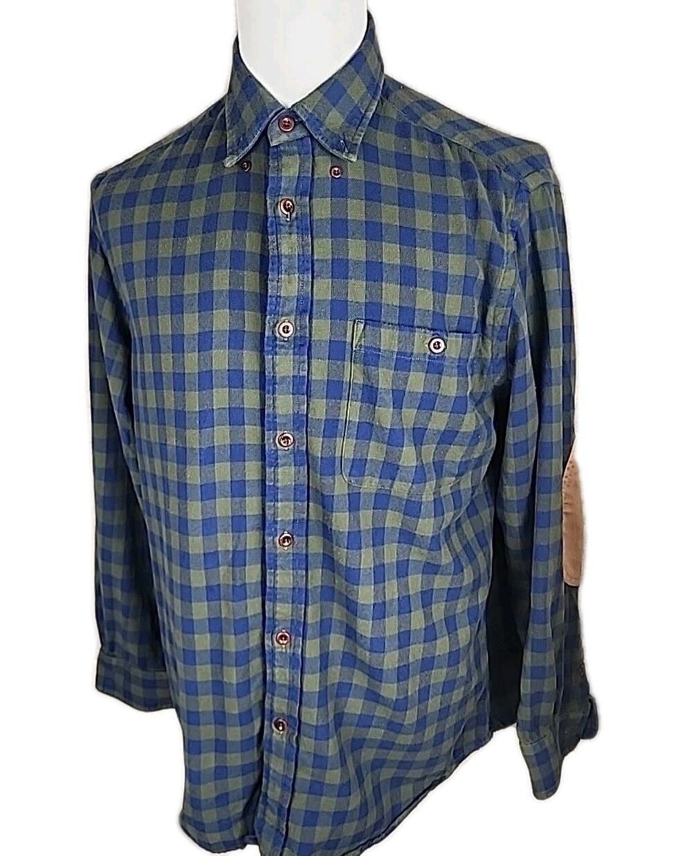 Orvis Cotton Flannel Shirt Mens Medium Green Plaid Button Down Ellow Patch